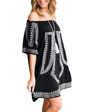 Cover-Ups Bohemian Vibe Geometric Print Off The Shoulder Beach Dress - Black - CT183KGANH2 $42.11