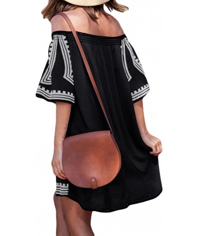 Cover-Ups Bohemian Vibe Geometric Print Off The Shoulder Beach Dress - Black - CT183KGANH2 $42.11