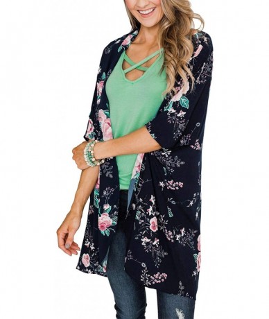 Cover-Ups Women Floral Print Kimono Sheer Chiffon Cardigan Half Sleeve Cover Up - Dark Blue - CQ194XD4SY4 $28.31