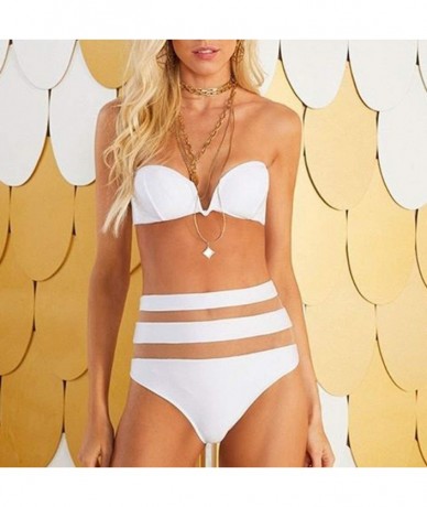 Sets Women's Stripe Printing Strappy Cross Padding Bikini Set Beach Swimwear Bathing Suit - White - CV18RDR3M7U $26.84