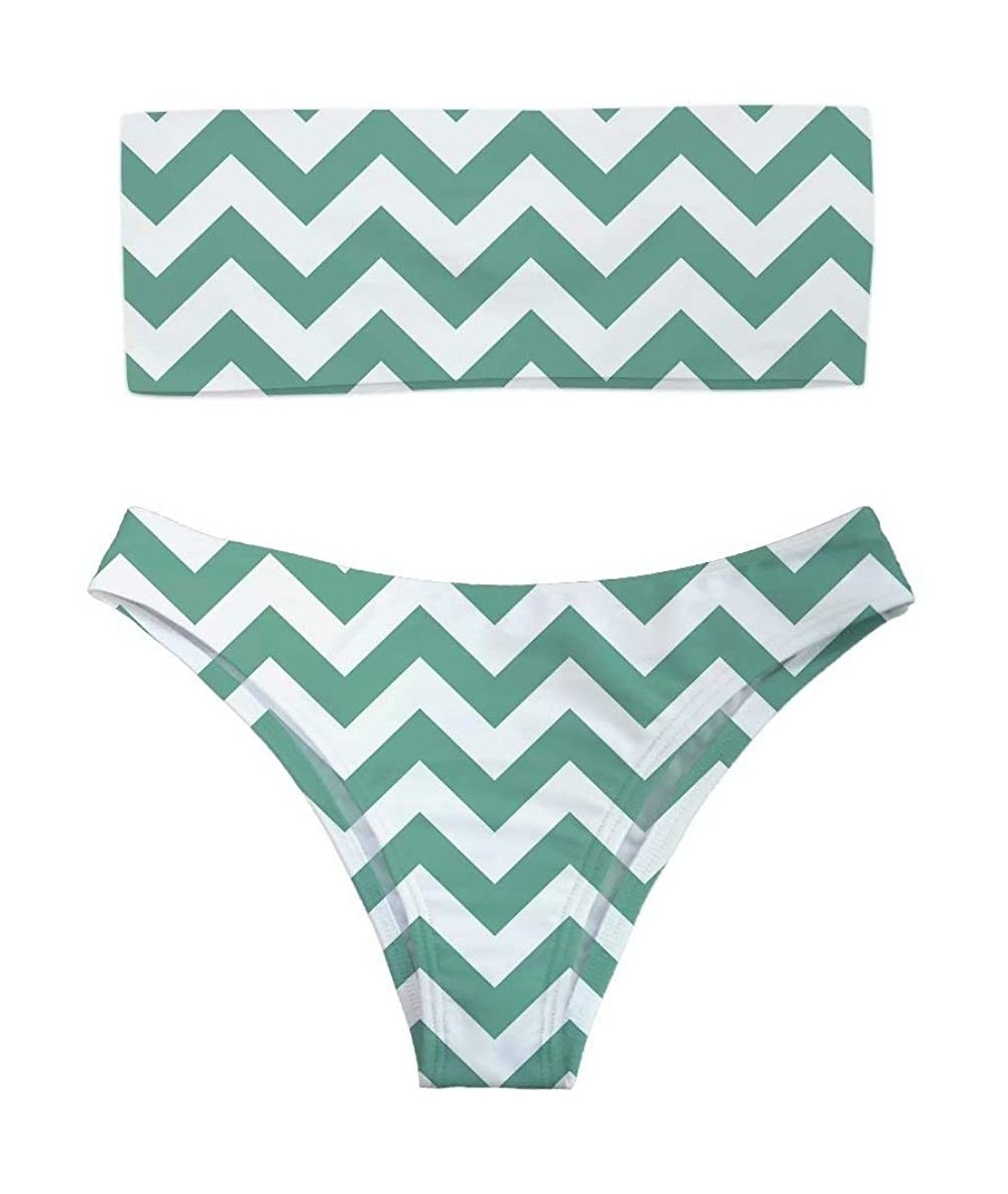 Sets Women's Stripe Strapless Bandeau Bikini Hawaii Vocation Beachwear Sexy High Cut Swimsuits - Turquoise Stripe - C718QQ3X8...