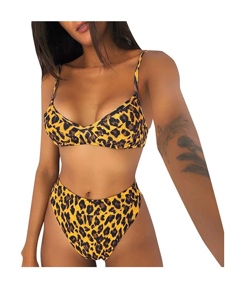 Sets Women Two Pieces Bathing Top Ruffled with High Waisted Bottom Bikini Set - Brown - CQ19653TU32 $25.95