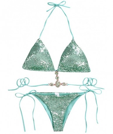 Sets Women 2 PCS Glitter Rhinestone Sequins Bikini Set Sexy Tankini Tie Bra Swimsuit Swimwear - Green - CP194M06GAX $39.37