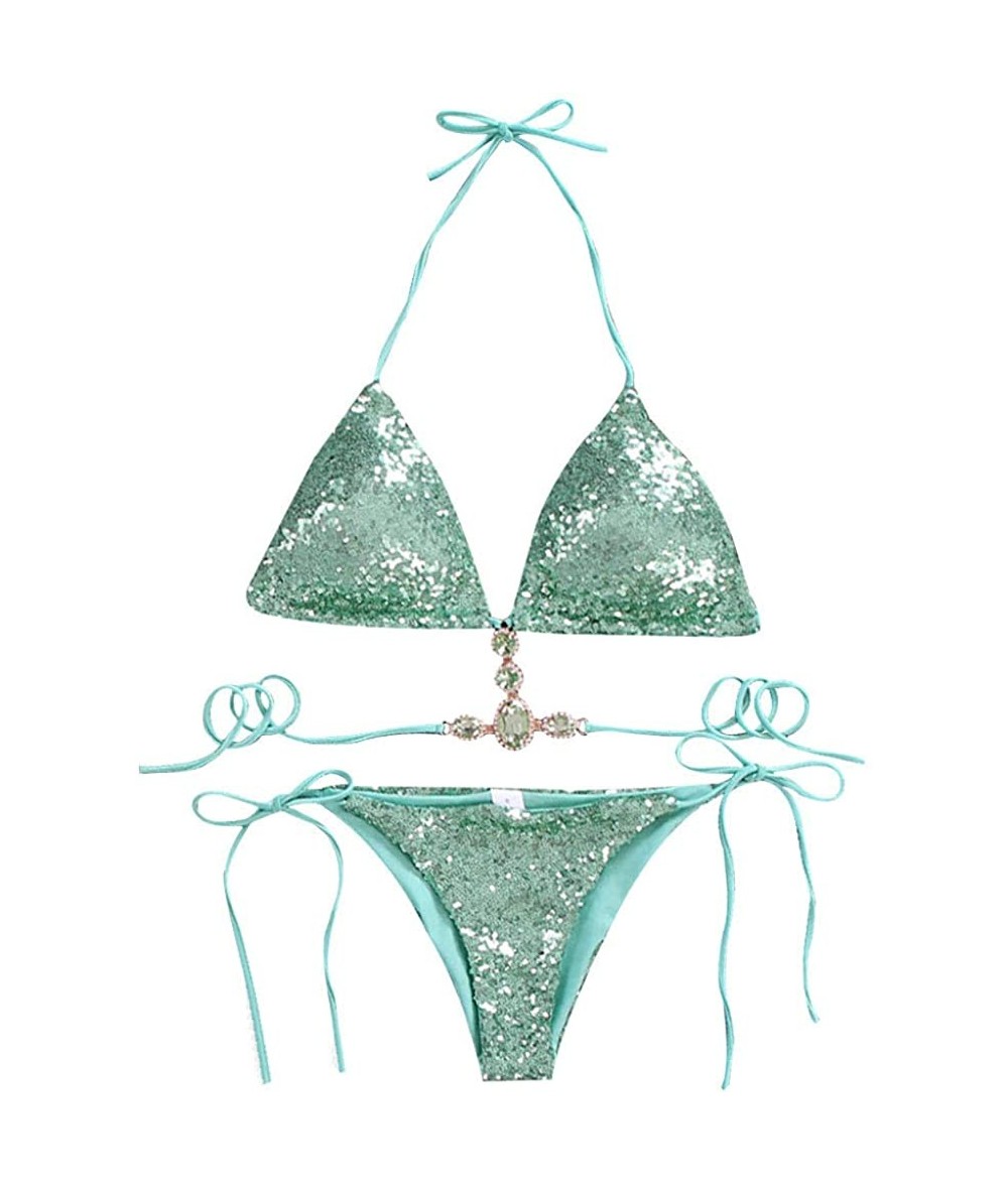 Sets Women 2 PCS Glitter Rhinestone Sequins Bikini Set Sexy Tankini Tie Bra Swimsuit Swimwear - Green - CP194M06GAX $39.37