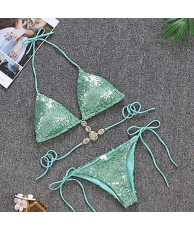 Sets Women 2 PCS Glitter Rhinestone Sequins Bikini Set Sexy Tankini Tie Bra Swimsuit Swimwear - Green - CP194M06GAX $39.37