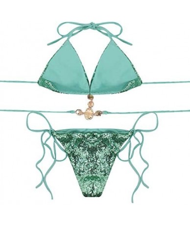 Sets Women 2 PCS Glitter Rhinestone Sequins Bikini Set Sexy Tankini Tie Bra Swimsuit Swimwear - Green - CP194M06GAX $39.37