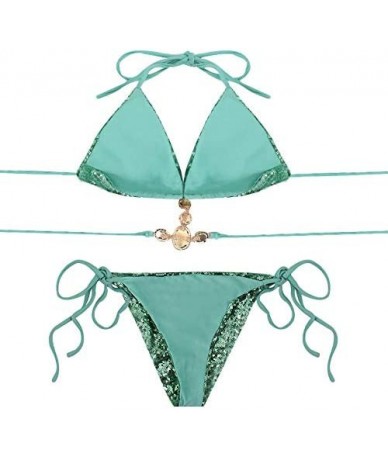 Sets Women 2 PCS Glitter Rhinestone Sequins Bikini Set Sexy Tankini Tie Bra Swimsuit Swimwear - Green - CP194M06GAX $39.37