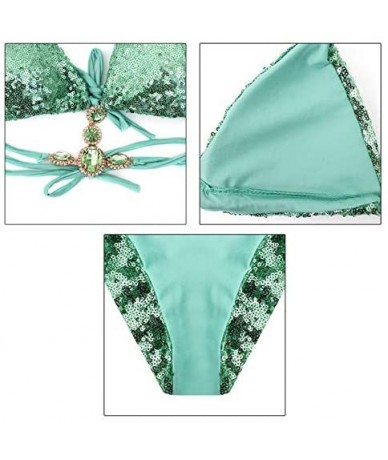 Sets Women 2 PCS Glitter Rhinestone Sequins Bikini Set Sexy Tankini Tie Bra Swimsuit Swimwear - Green - CP194M06GAX $39.37