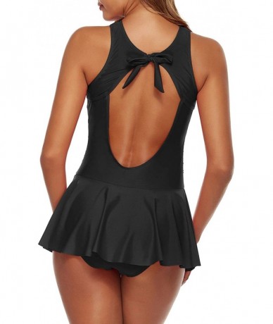 One-Pieces Womens Two Piece Tankini Swimdress Mesh Plunge Ruched Bathing Suit - Black - CK194YO2GQI $46.73