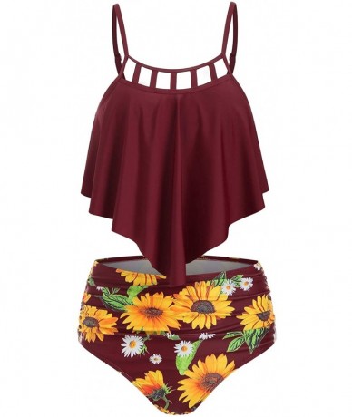 Sets Women's Swimsuits Tankini Tummy Control Ruffled Overlay Top High Waisted Sunflower Print Bikini 2 Pieces Red Wine - C318...