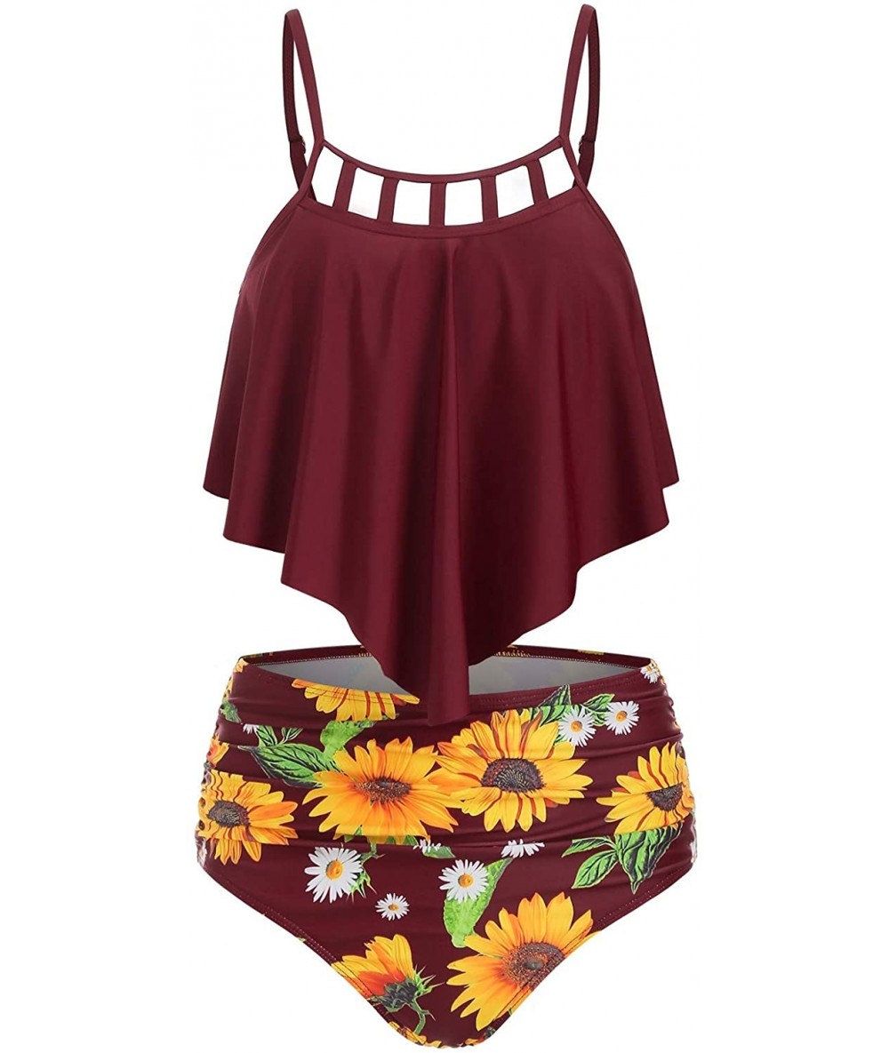 Sets Women's Swimsuits Tankini Tummy Control Ruffled Overlay Top High Waisted Sunflower Print Bikini 2 Pieces Red Wine - C318...