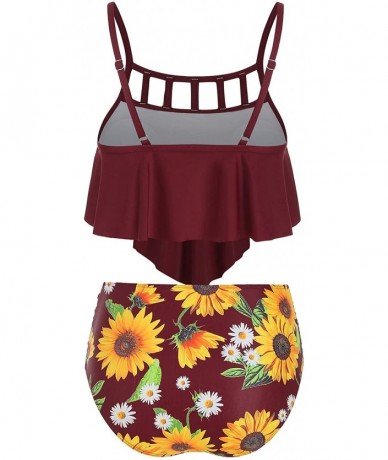 Sets Women's Swimsuits Tankini Tummy Control Ruffled Overlay Top High Waisted Sunflower Print Bikini 2 Pieces Red Wine - C318...