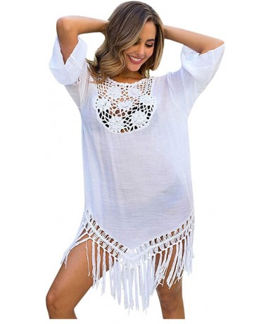 Cover-Ups Women's Crochet Swimsuit Cover Up Hollow Out Flare Sleeve Beach Swimwear Tassel Cardigan - 118-white - CL194K93XZ5 ...