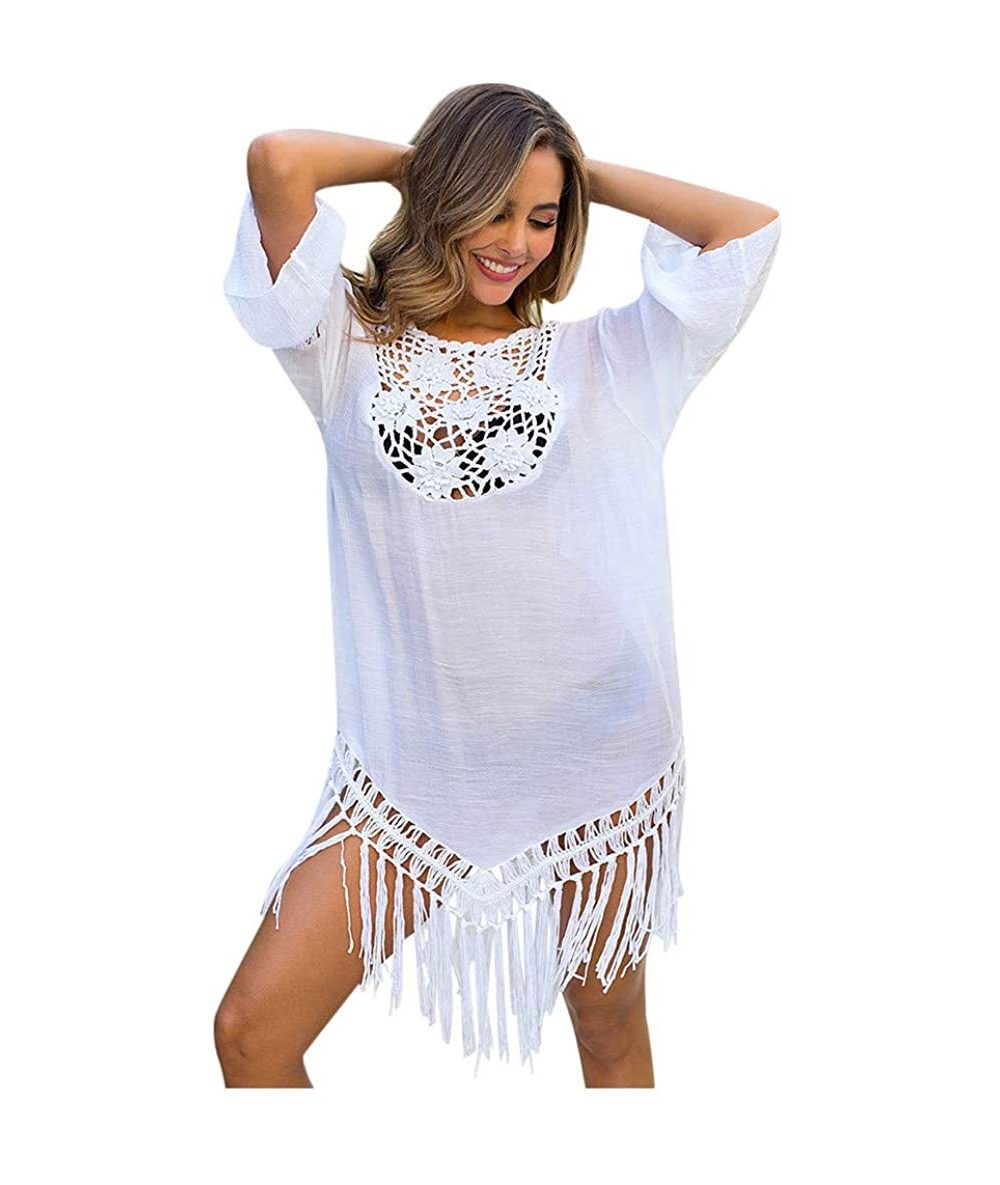 Cover-Ups Women's Crochet Swimsuit Cover Up Hollow Out Flare Sleeve Beach Swimwear Tassel Cardigan - 118-white - CL194K93XZ5 ...