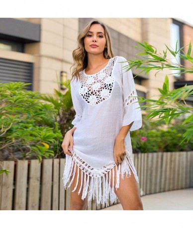 Cover-Ups Women's Crochet Swimsuit Cover Up Hollow Out Flare Sleeve Beach Swimwear Tassel Cardigan - 118-white - CL194K93XZ5 ...