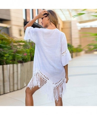 Cover-Ups Women's Crochet Swimsuit Cover Up Hollow Out Flare Sleeve Beach Swimwear Tassel Cardigan - 118-white - CL194K93XZ5 ...