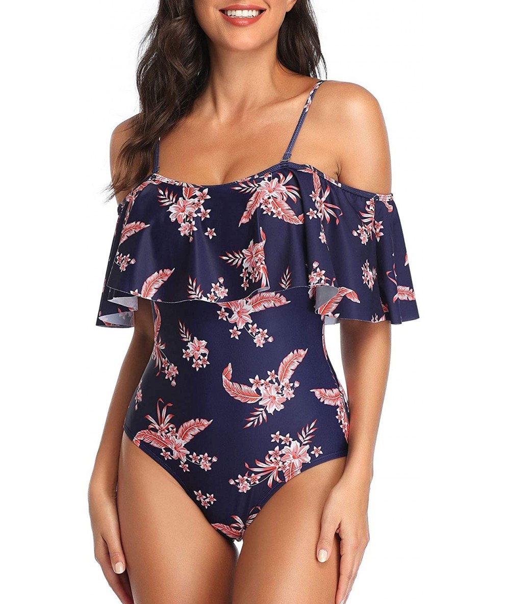 One-Pieces Women's One Piece Swimsuit Vintage Off Shoulder Ruffled Bathing Suits - Purplish Blue Flower - C0196M78MQN $48.14