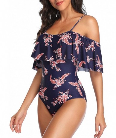 One-Pieces Women's One Piece Swimsuit Vintage Off Shoulder Ruffled Bathing Suits - Purplish Blue Flower - C0196M78MQN $48.14