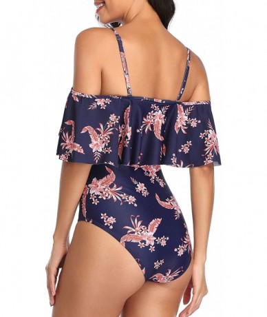 One-Pieces Women's One Piece Swimsuit Vintage Off Shoulder Ruffled Bathing Suits - Purplish Blue Flower - C0196M78MQN $48.14