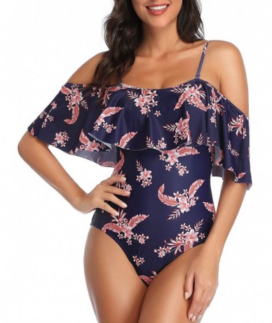 One-Pieces Women's One Piece Swimsuit Vintage Off Shoulder Ruffled Bathing Suits - Purplish Blue Flower - C0196M78MQN $48.14