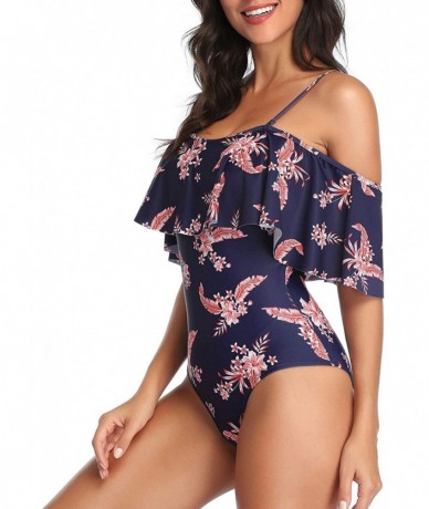 One-Pieces Women's One Piece Swimsuit Vintage Off Shoulder Ruffled Bathing Suits - Purplish Blue Flower - C0196M78MQN $48.14