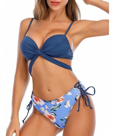 Sets Women Two Piece Cross Bikini Set Floral Printed Lace Up Swimsuit Ruched Underwire Bathing Suit - Blue - CA1998ZDIL2 $32.57