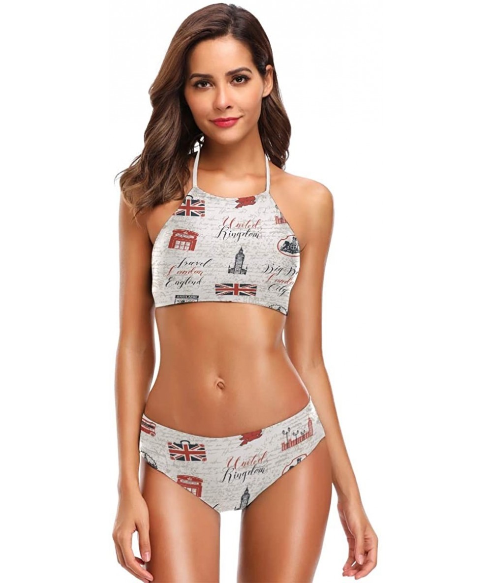 Racing British Flag Big Ben Bikini Swimsuit Womens High Neck Halter Two Piece Bathing Suit - C218QND5REU $48.97