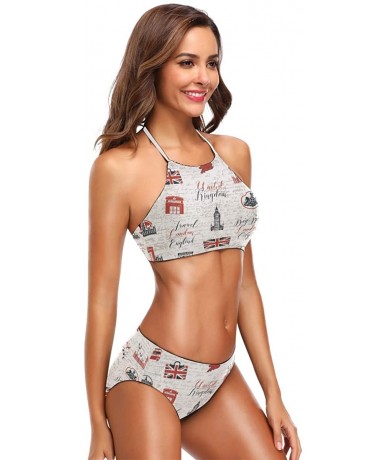 Racing British Flag Big Ben Bikini Swimsuit Womens High Neck Halter Two Piece Bathing Suit - C218QND5REU $48.97