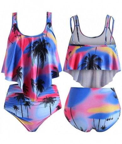 Sets Bikini for Women High Waisted Swimsuits Tummy Control Two Piece Tankini Ruffled Top with Swim Bottom Bathing Suits - W-p...