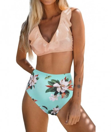 Sets Women's Floral Print High Waisted Bikini Set Ruffle Flounce Two Piece Swimsuits - Pink - C3190MNNXIN $41.15