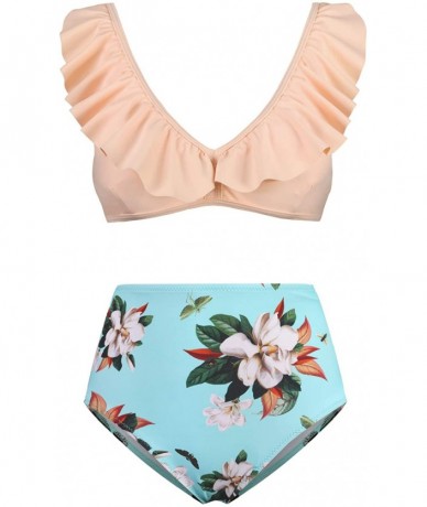 Sets Women's Floral Print High Waisted Bikini Set Ruffle Flounce Two Piece Swimsuits - Pink - C3190MNNXIN $41.15