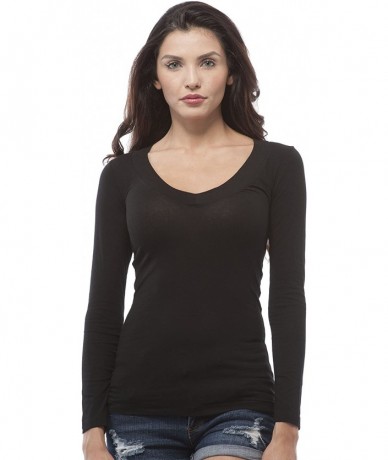 Tankinis Women's Basic Long Sleeves Deep V Neck Shirt Top Tee - Black - CD12632DAXD $18.92