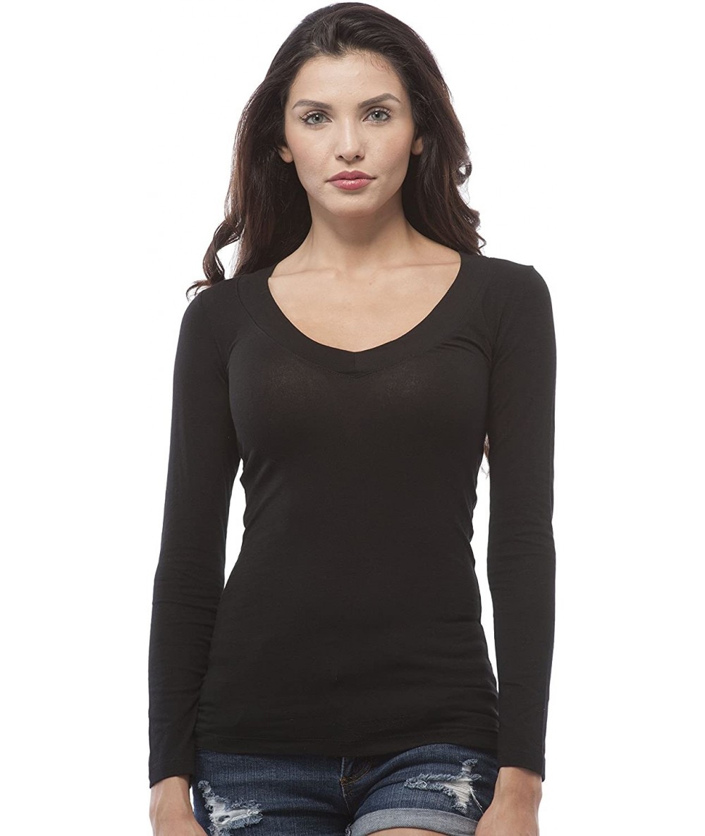 Tankinis Women's Basic Long Sleeves Deep V Neck Shirt Top Tee - Black - CD12632DAXD $18.92