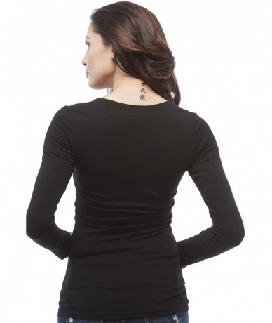 Tankinis Women's Basic Long Sleeves Deep V Neck Shirt Top Tee - Black - CD12632DAXD $18.92