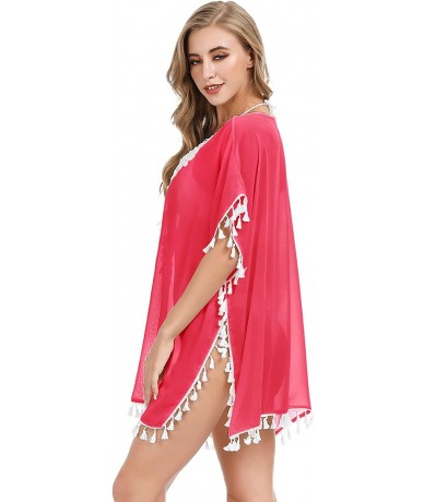 Cover-Ups Women's Crochet Chiffon Tassel Cover Up Summer Beach Bathing Swimsuit Beach Dress - 01-rose Red - CM18QQI6W0Q $19.18