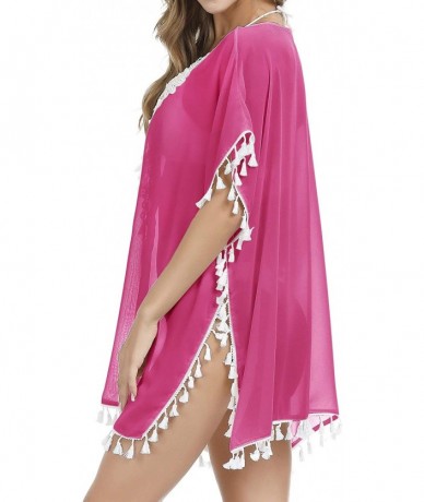 Cover-Ups Women's Crochet Chiffon Tassel Cover Up Summer Beach Bathing Swimsuit Beach Dress - 01-rose Red - CM18QQI6W0Q $19.18