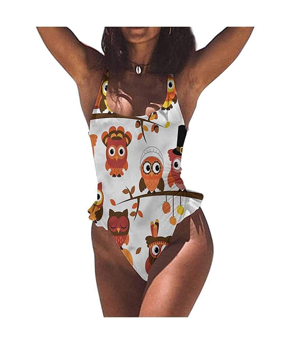 Bottoms Ladies Bikini Sets Thanksgiving- Cartoon Style Owls for Beach/Hiking Activities - Multi 01-one-piece Swimsuit - CC19E...