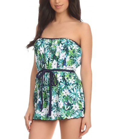 Tops Women's Bandeau Blouson Tie Tankini - Sash Tie - Blue Flower - C0184TN5GA3 $67.74