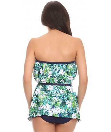 Tops Women's Bandeau Blouson Tie Tankini - Sash Tie - Blue Flower - C0184TN5GA3 $67.74