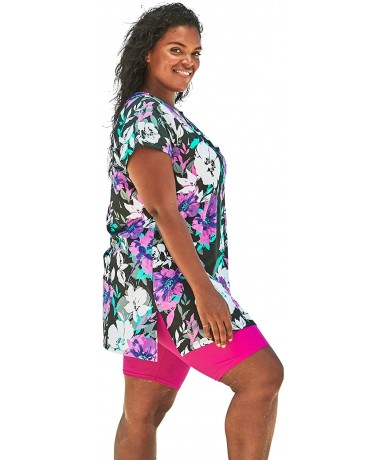 Tankinis Women's Plus Size Short-Sleeve Swim Tunic - Blue Island Florals (0540) - CL195SETE6Q $60.14