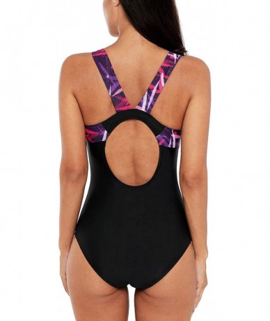 Racing Women's Sport Pro One Piece Swimsuit Athletic Racerback Swimwear - Black/Purple Pattern - CT195H3UU5M $45.58