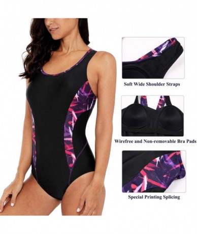 Racing Women's Sport Pro One Piece Swimsuit Athletic Racerback Swimwear - Black/Purple Pattern - CT195H3UU5M $45.58