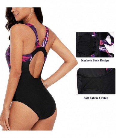 Racing Women's Sport Pro One Piece Swimsuit Athletic Racerback Swimwear - Black/Purple Pattern - CT195H3UU5M $45.58