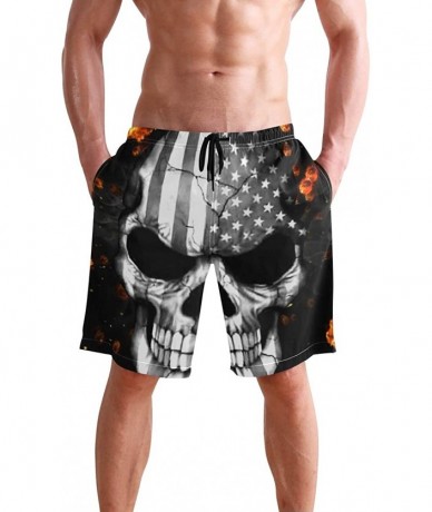 Racing Men's Swim Trunks Vintage American Flag Quick Dry Beach Board Shorts with Pockets - Usa Flag Flaming Skull - CA18QQ3D3...