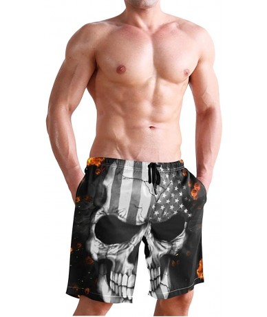 Racing Men's Swim Trunks Vintage American Flag Quick Dry Beach Board Shorts with Pockets - Usa Flag Flaming Skull - CA18QQ3D3...