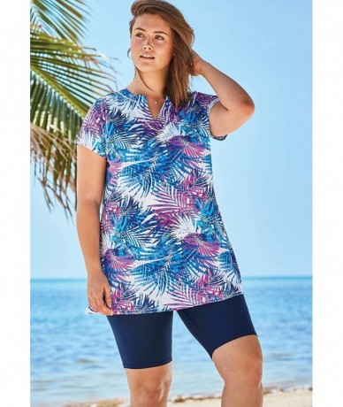 Tankinis Women's Plus Size Short-Sleeve Swim Tunic - Blue Island Florals (0540) - CL195SETE6Q $60.14