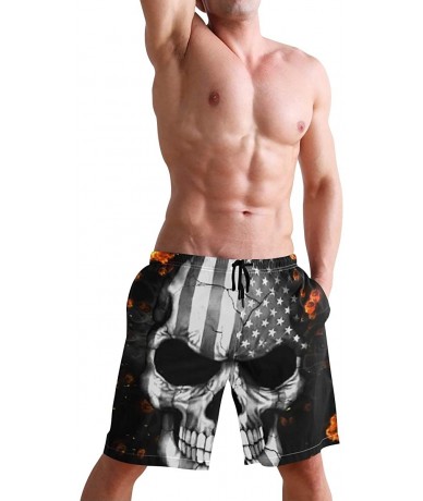 Racing Men's Swim Trunks Vintage American Flag Quick Dry Beach Board Shorts with Pockets - Usa Flag Flaming Skull - CA18QQ3D3...