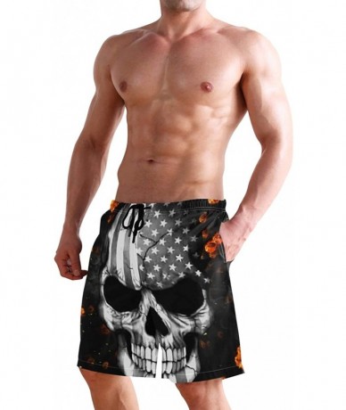 Racing Men's Swim Trunks Vintage American Flag Quick Dry Beach Board Shorts with Pockets - Usa Flag Flaming Skull - CA18QQ3D3...