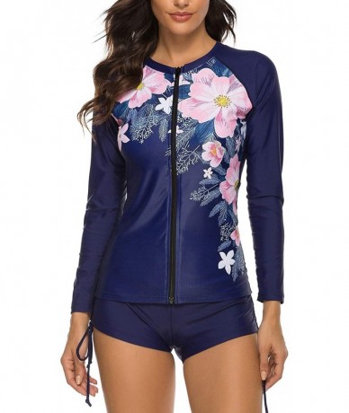 Rash Guards Women's Long Sleeve Sun Protection Rash Guard Wetsuit Two Piece Swimsuit Set - Navy / Pink - CS1933MQMWZ $46.64