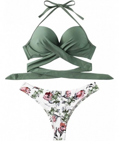 Sets Womens Sexy Padded Two Piece Floral Halter Wrap Knotted Back Bikini Set - Plus Up Green - CO18S60QNRN $37.56